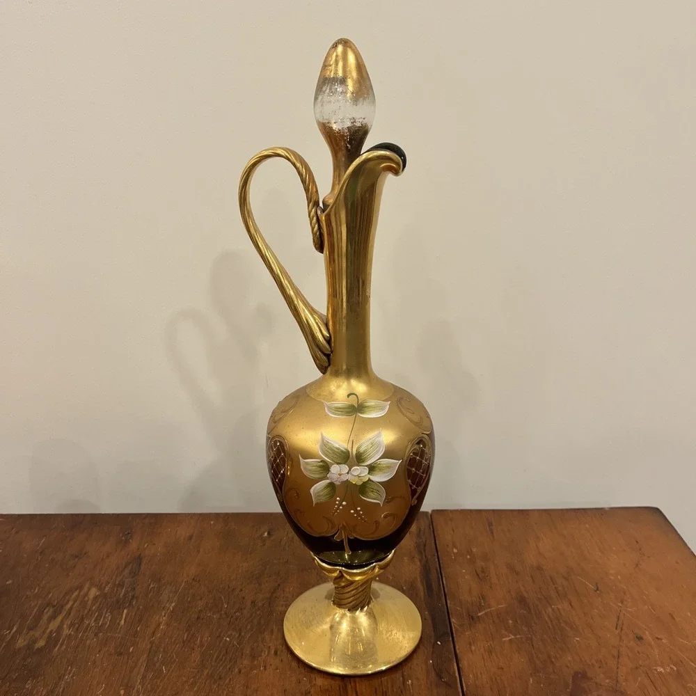 Vtg Tre Fuochi Italian Venetian Murano Glass Amber 24K Gold Floral Decanter Set